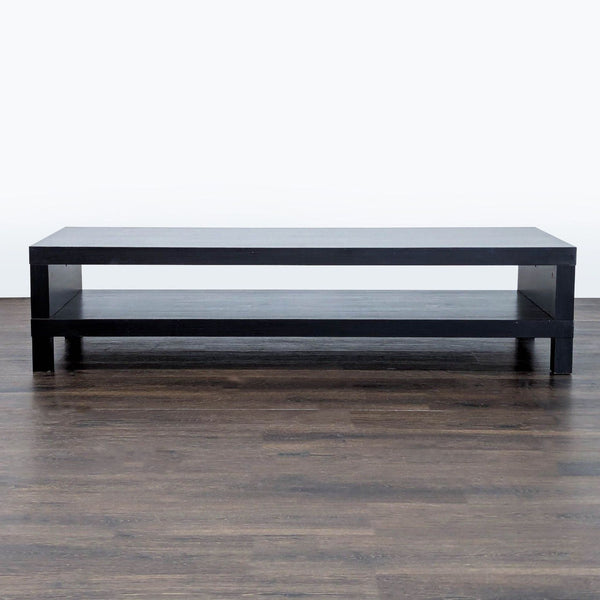 1. Black rectangular IKEA entertainment center with open lower shelf, shown on dark wood flooring, front view.