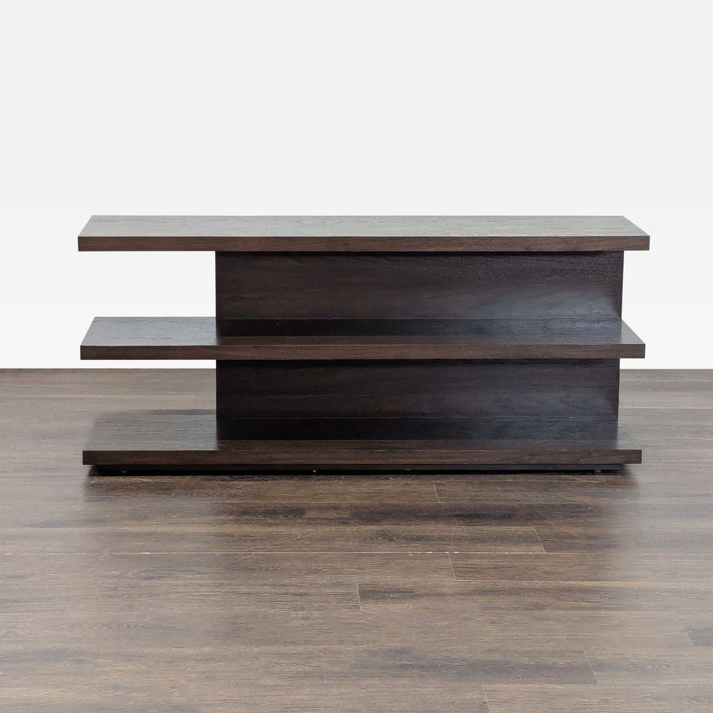 1. Modern three-tier bookshelf with a dark wood finish and open, minimalist design, ideal for books or decor.