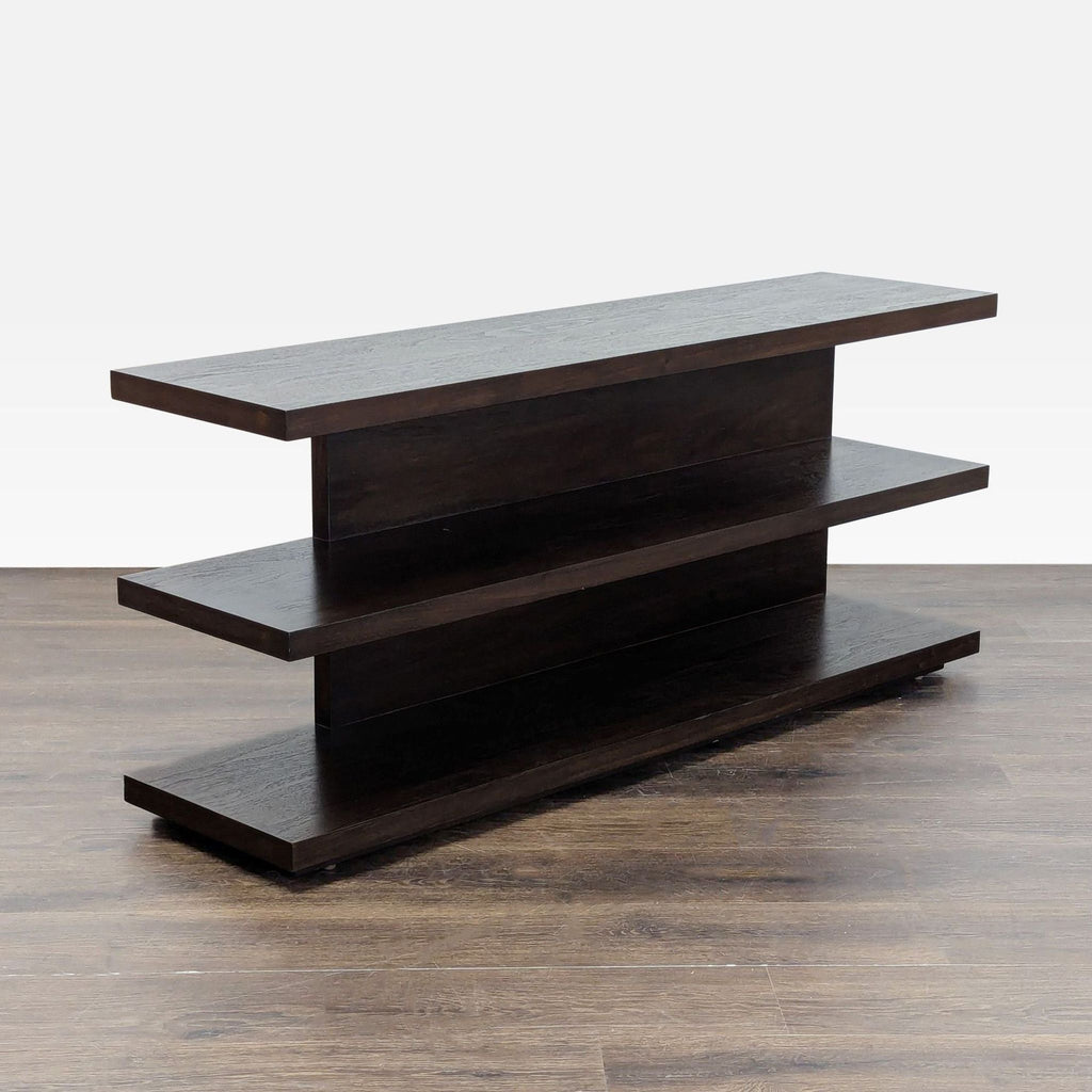 2. Sleek, dark wood open bookshelf with three spacious tiers, perfect for living rooms, offices, or bedrooms.