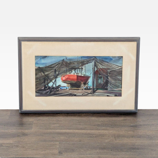 Framed painting by Richard V. Ellery of a red boat in a vibrant boatyard, ready for display.