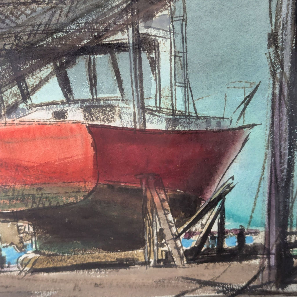 1960 Framed Richard V. Ellery Boatyard Watercolor Painting Titled “Jolly Roger