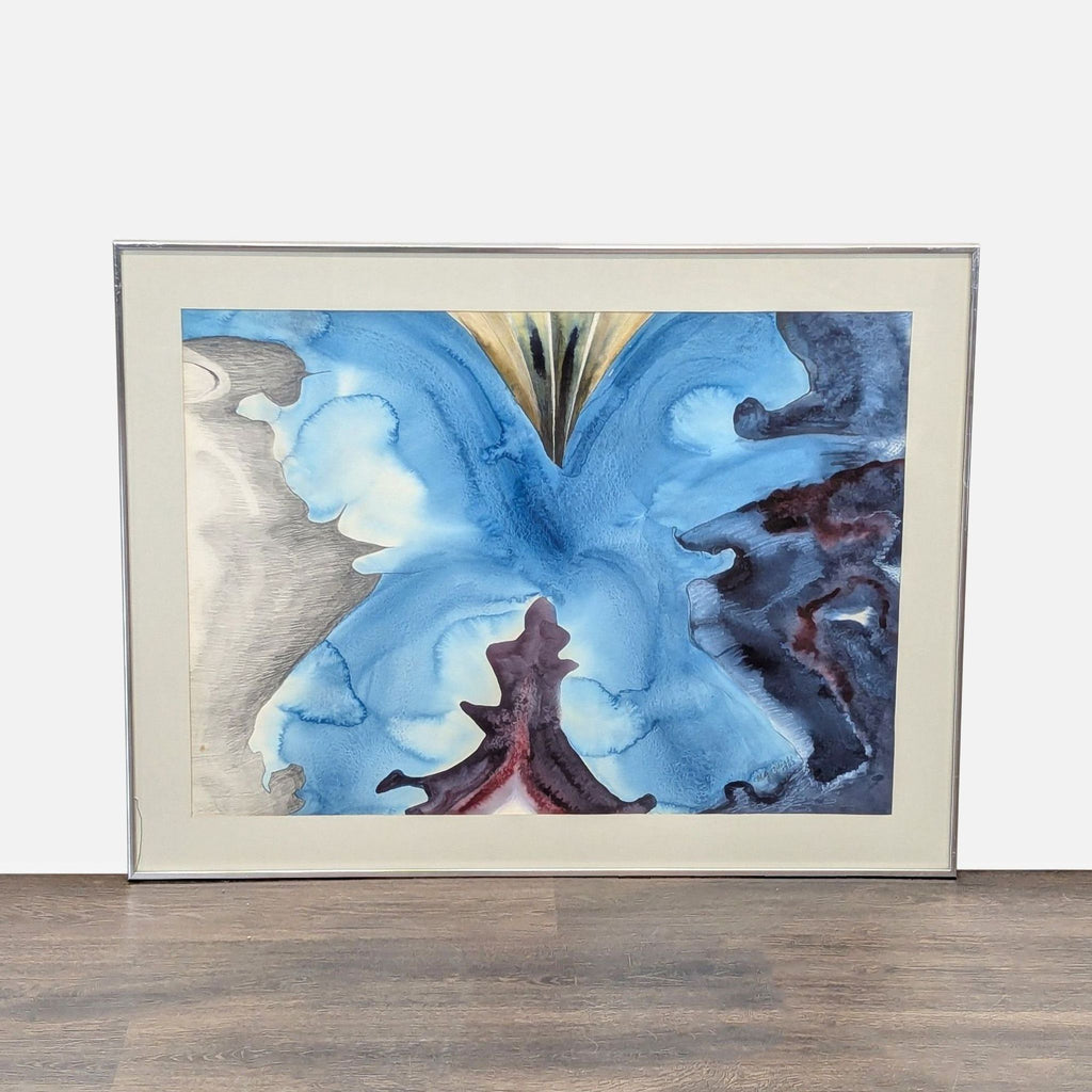 Abstract watercolor painting by Mary Gizdich with blue, gray, and dark red tones, matted and framed.