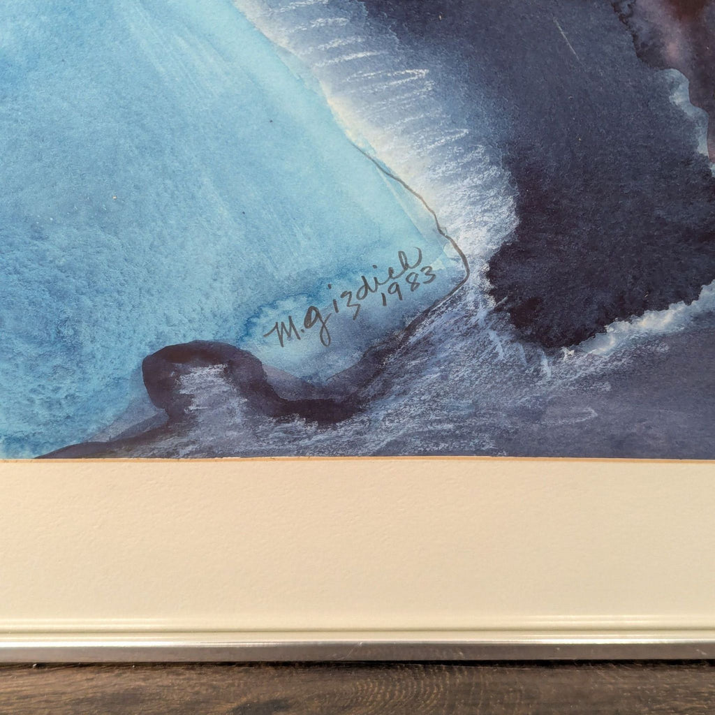 Original 1983 abstract art by Mary Gizdich featuring fluid blue, gray, and dark red shapes, framed for display.
