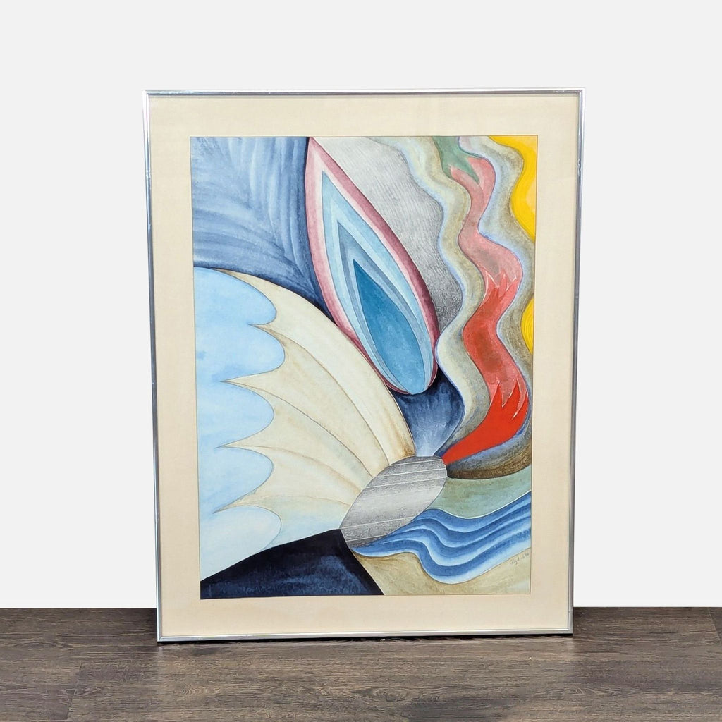 Framed abstract watercolor painting from 1976, featuring vibrant colors and artist Gizdich’s signature.