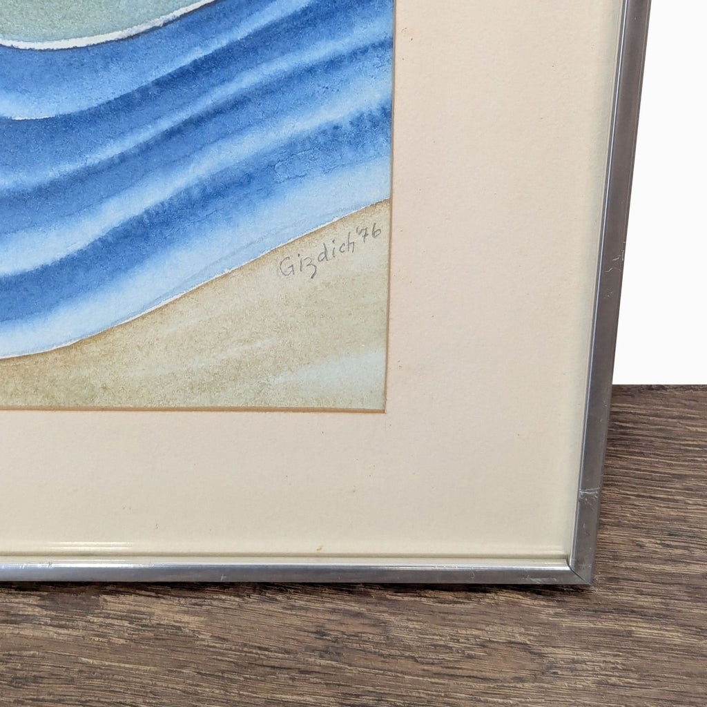 Retro watercolor artwork with flowing shapes in bold colors, signed and dated by Gizdich, framed and matted.