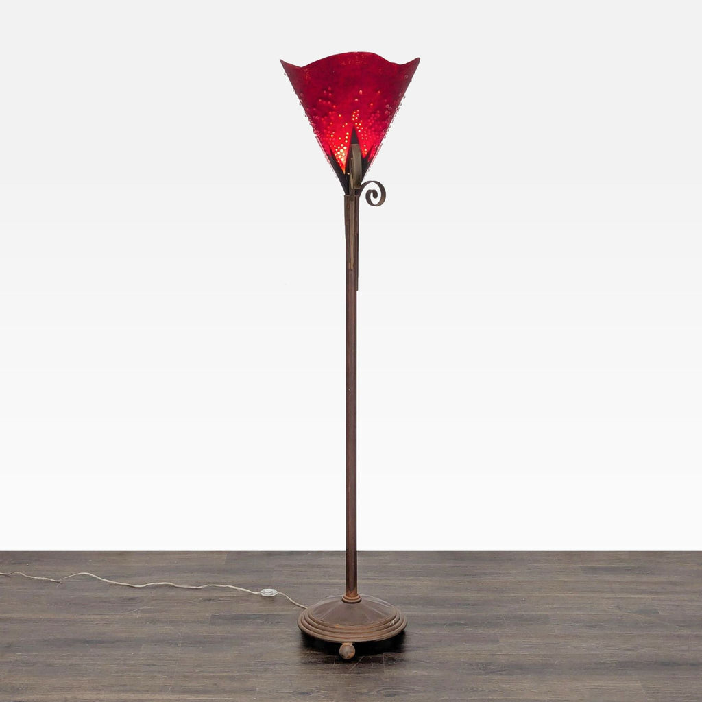 3. Unique floor lamp with a wavy red glass shade, bubble accents, and elegant scrollwork metal stand.