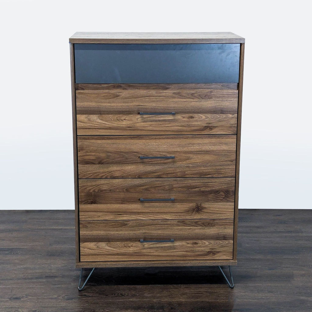 1. South Shore dresser with five drawers, walnut finish, gray accent top drawer, and modern black handles.  