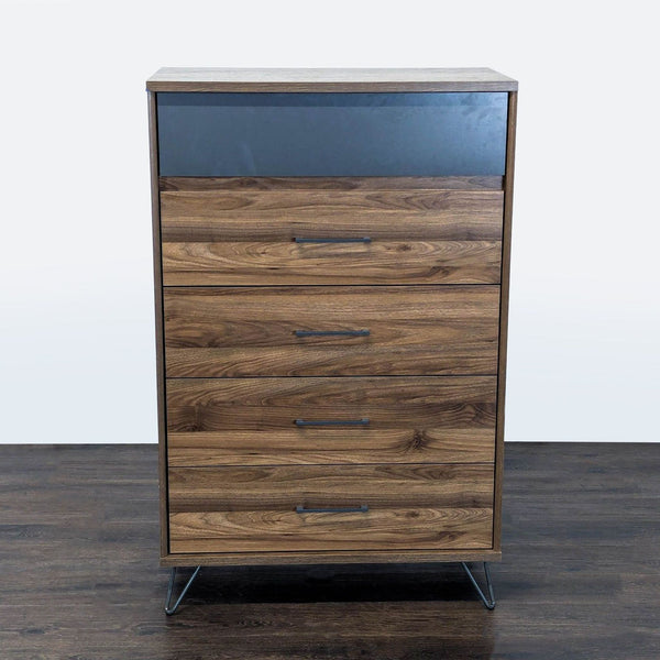 1. South Shore dresser with five drawers, walnut finish, gray accent top drawer, and modern black handles.  