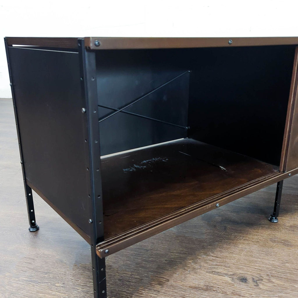 Reproduction Eames storage unit with perforated steel panels, hardwood sides, and machine aesthetic design.