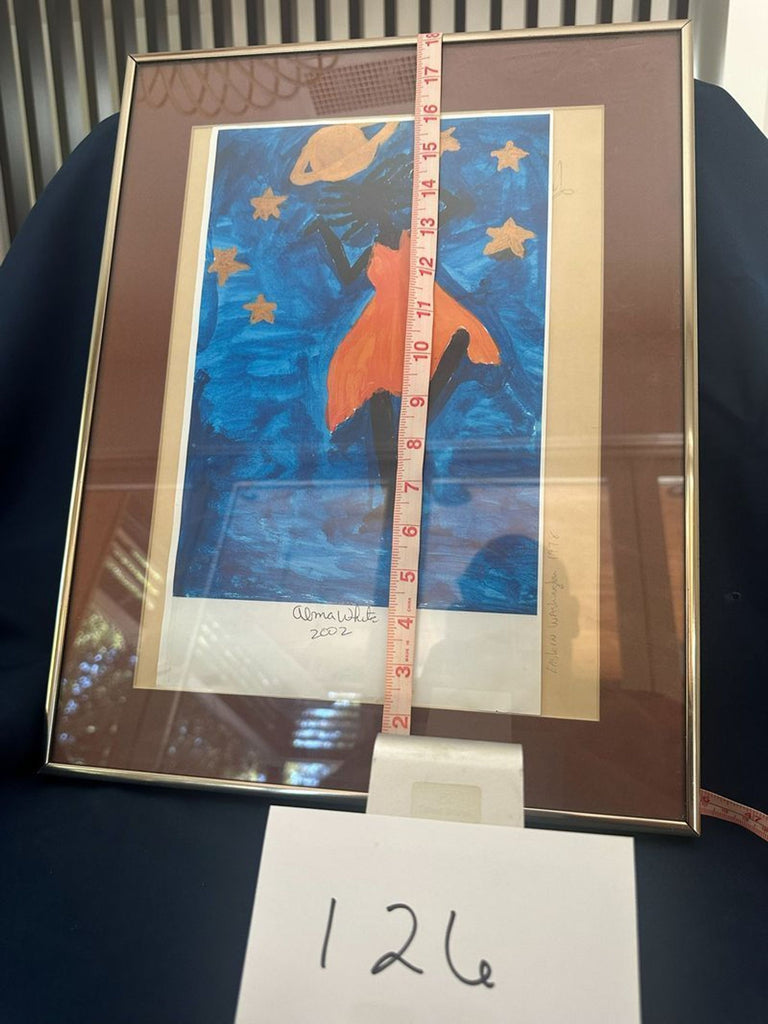 Framed cosmic painting shows a dark figure in vivid cloak, with scattered stars and Saturn, signed “Alma White 2002.”