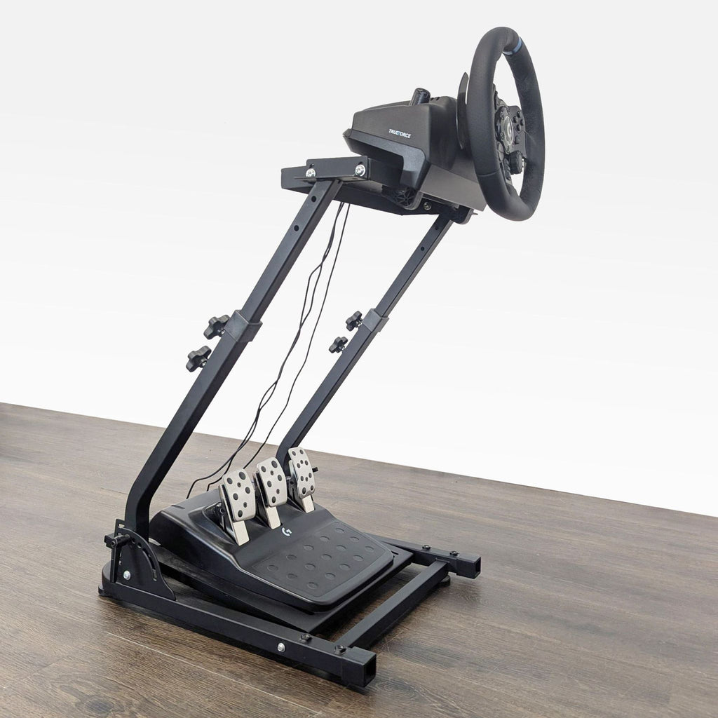 Close-up of Logitech G923 racing wheel attached to a sturdy black stand, suitable for immersive gaming experiences.