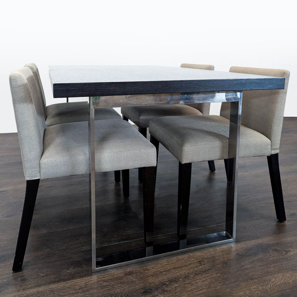Contemporary EQ3 dining set featuring a rectangular table and four comfortable light-grey chairs.