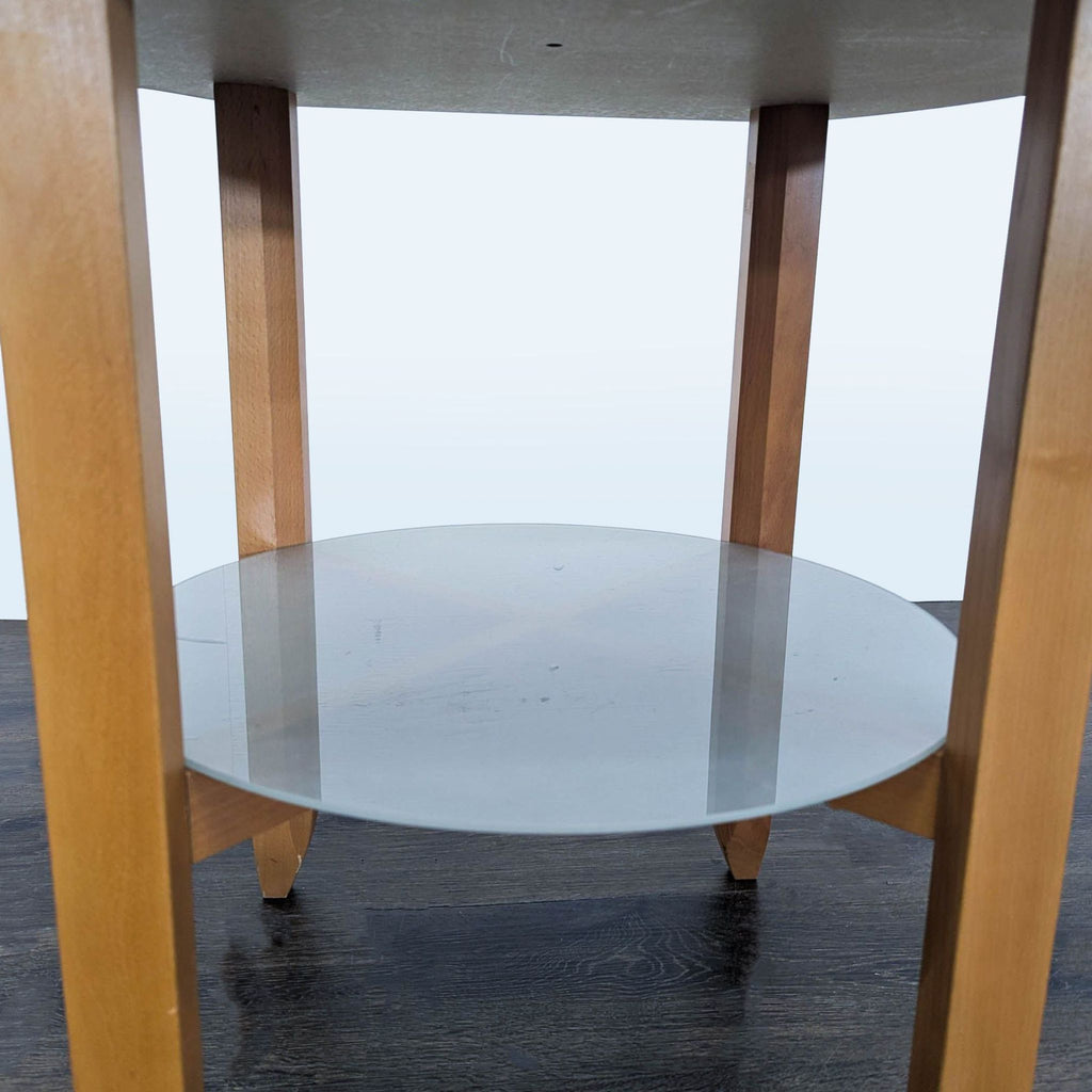 Round Wood End Table with Flat Back and Glass Shelf