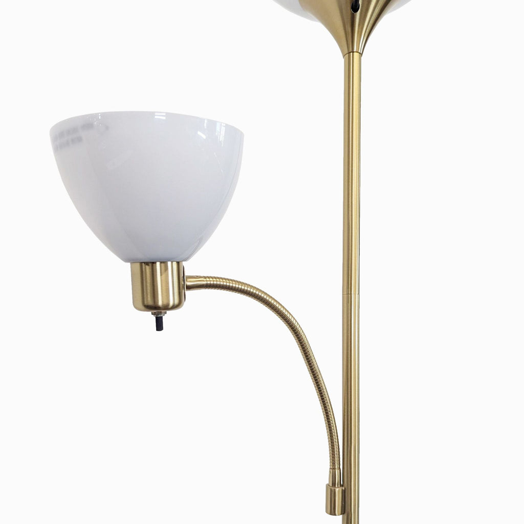 Stylish Brightech lighting: brass-finish floor lamp with dual glass shades, practical switches, and stable base.