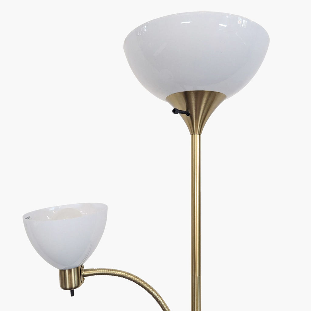 Modern brass floor lamp with main and adjustable reading lights, featuring white glass shades by Brightech.