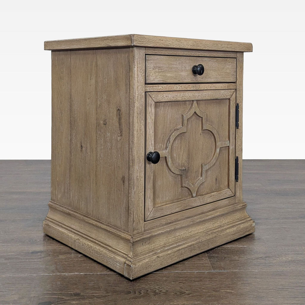3. Solid wood end table with oak veneers in antique hewn oak finish from Pottery Barn.
