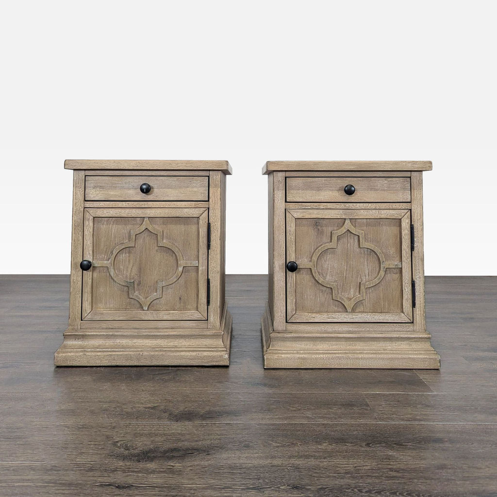 1. Pottery Barn antique hewn oak end table featuring solid wood and oak veneer construction.  