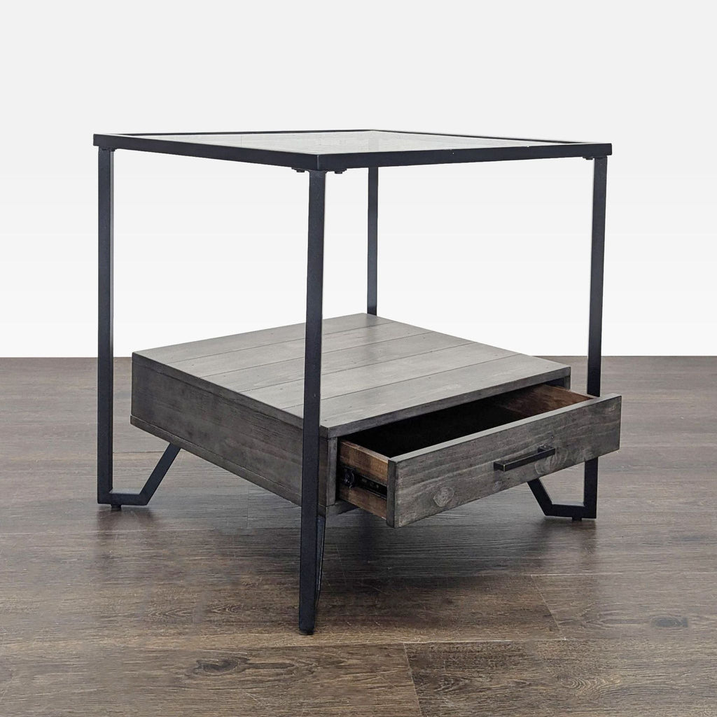 Metal-framed end table featuring an industrial design and a built-in storage drawer.  