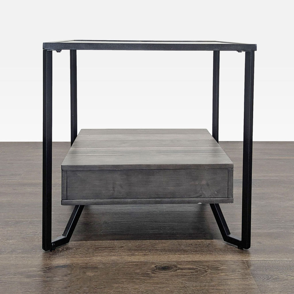 Contemporary industrial end table with a sturdy metal base and a drawer for convenient storage.