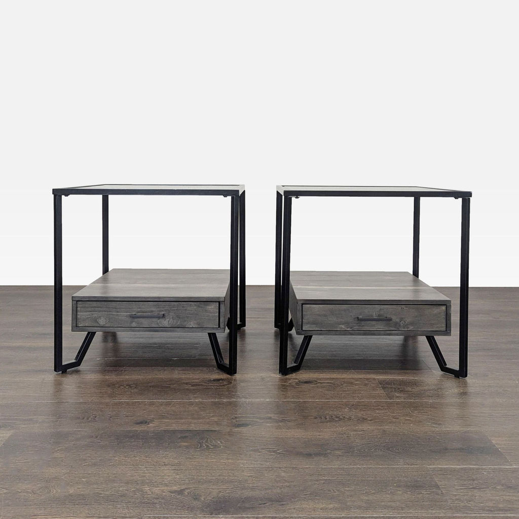 Industrial end table with a metal frame and a single drawer, suitable for modern interiors.  
