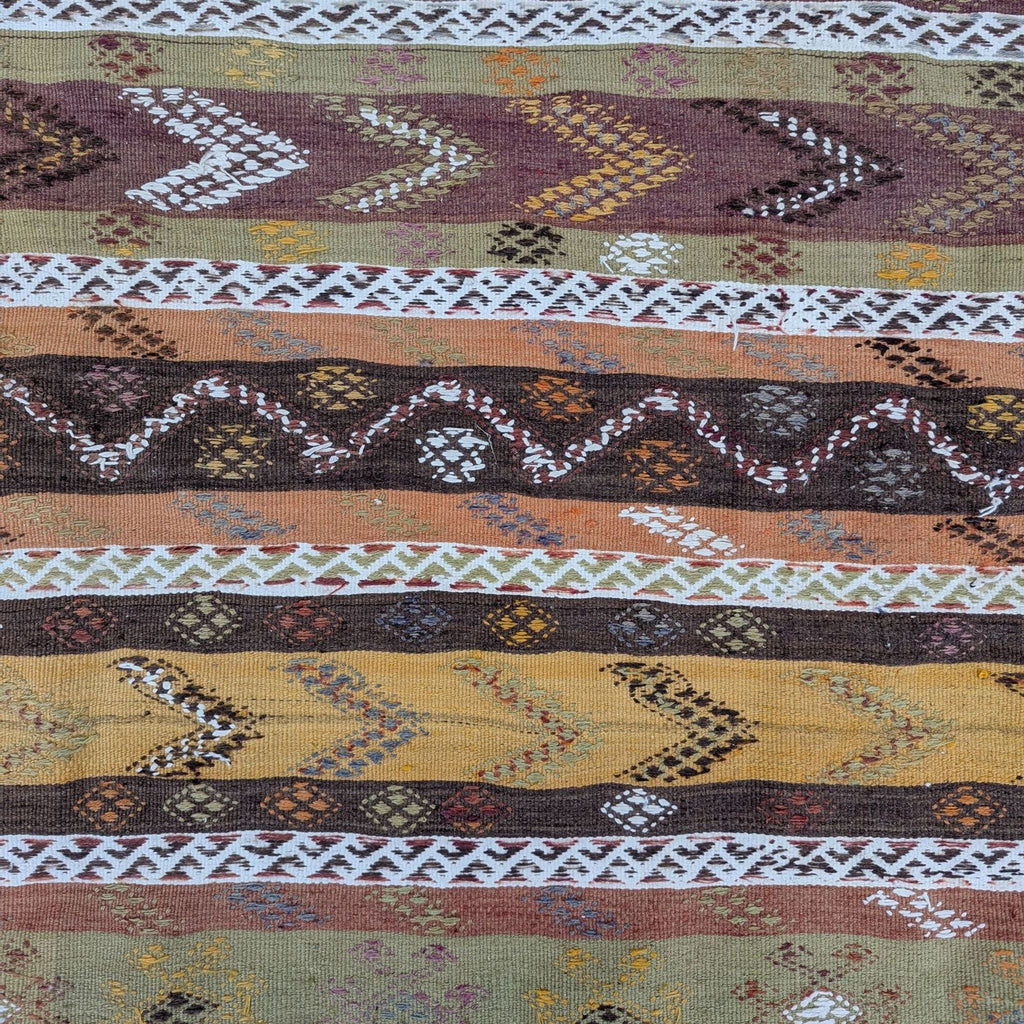 3. Detailed view of runner rug’s colorful zigzag and diamond designs in brown, yellow, orange, and white.