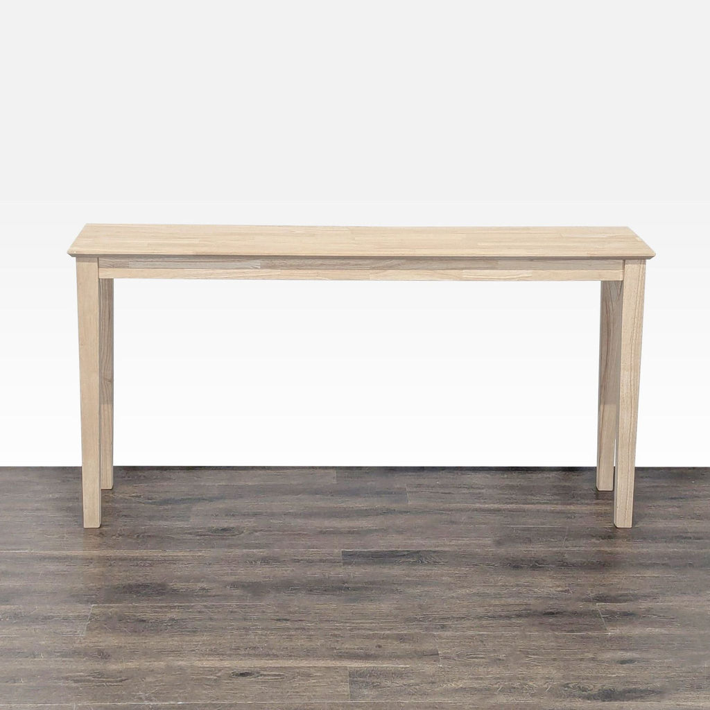 1. Gracie Oaks rubberwood console table with a natural finish, suitable for painting or staining, shown from the front.