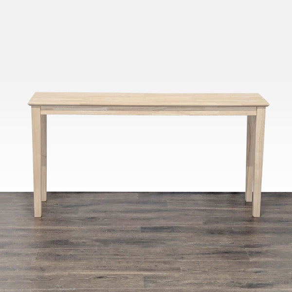 1. Gracie Oaks rubberwood console table with a natural finish, suitable for painting or staining, shown from the front.