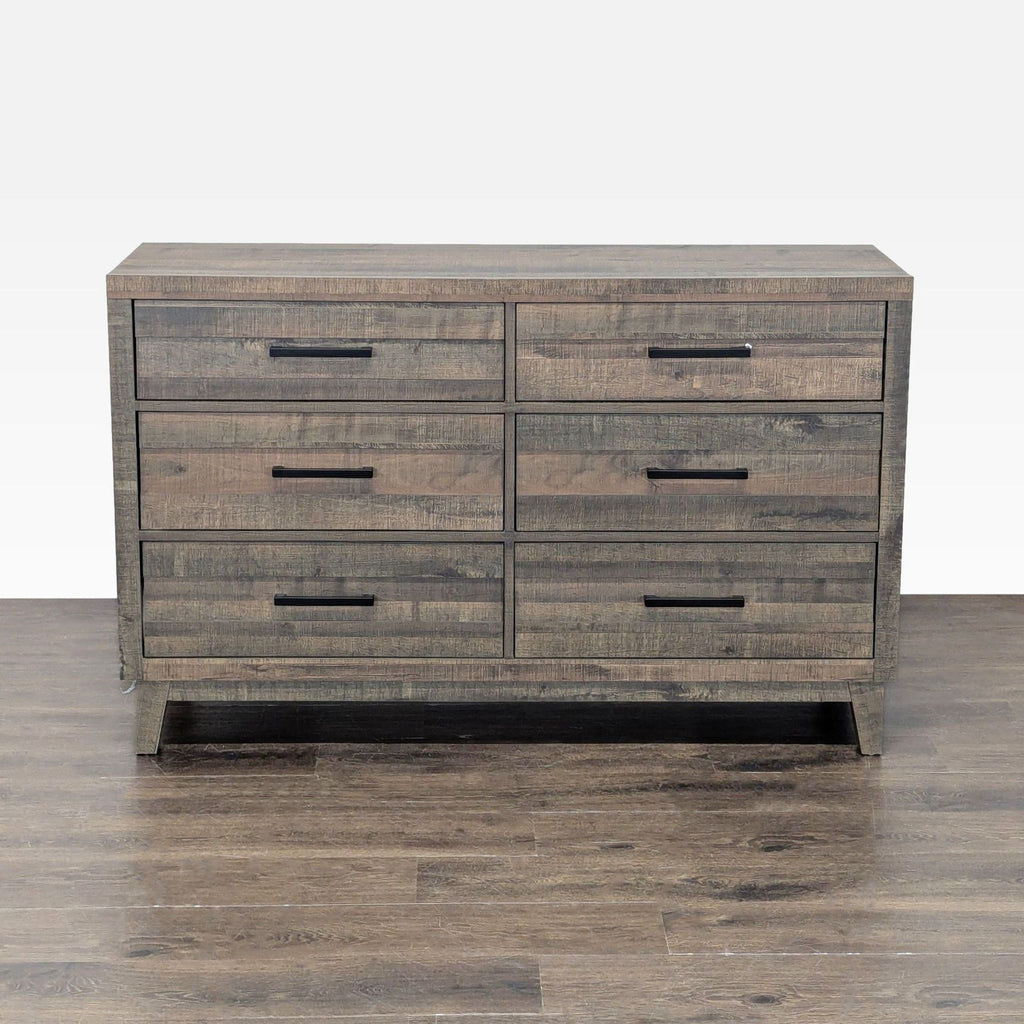 1. Front view of a Crown Mark dresser with a rustic wood finish and six drawers with black handles.  