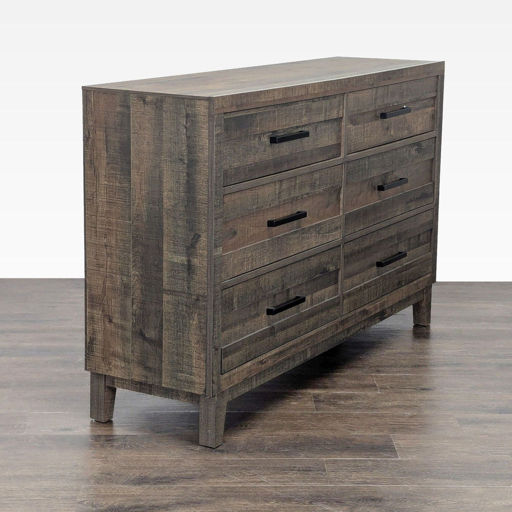 Crown Mark 6-Drawer Rustic Wood Dresser with Modern Black Handles