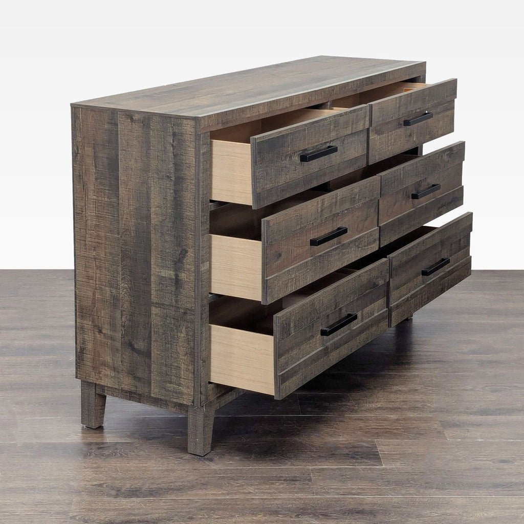 2. Side angle of the Crown Mark dresser showing all six spacious drawers partially open.  