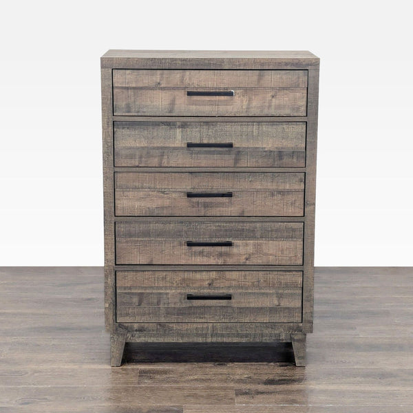 Crown Mark dresser with a rustic wood finish, five drawers, and sleek black handles.  