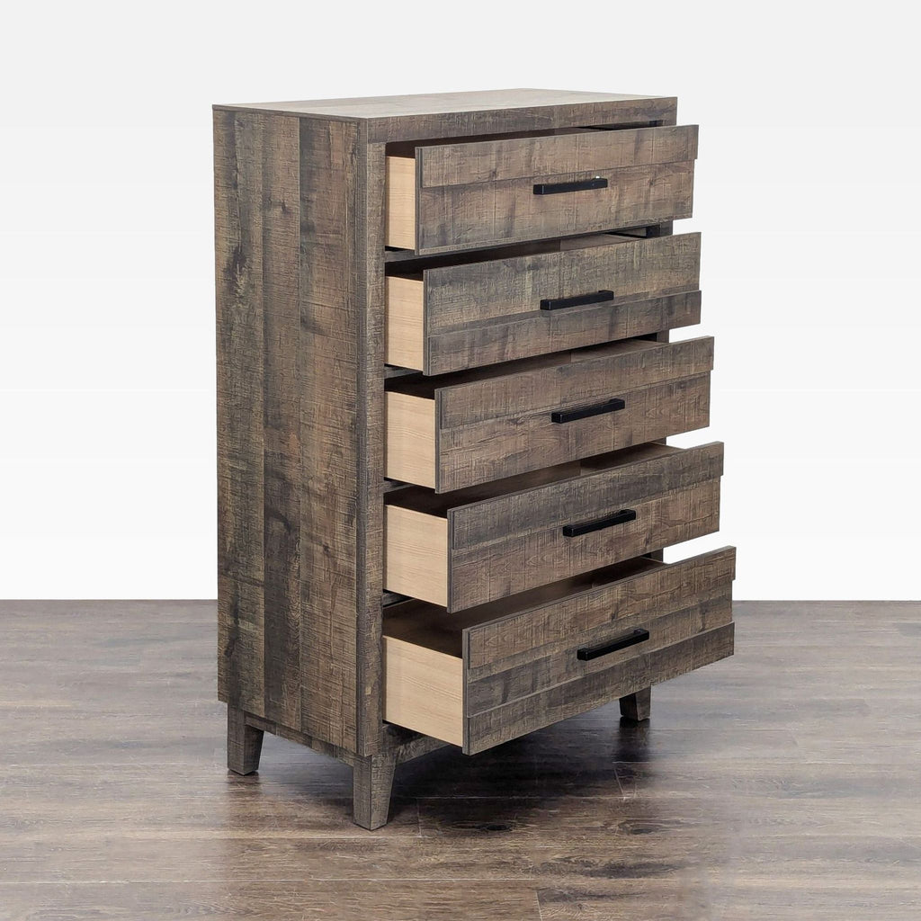 Rustic wood 5-drawer dresser by Crown Mark featuring modern black handles and sturdy construction.  