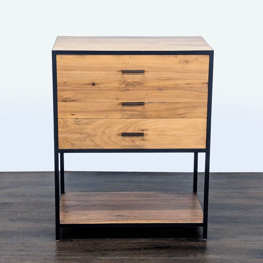 Solid walnut sideboard with three stacked drawers, open bottom shelf, and a sleek black iron frame.