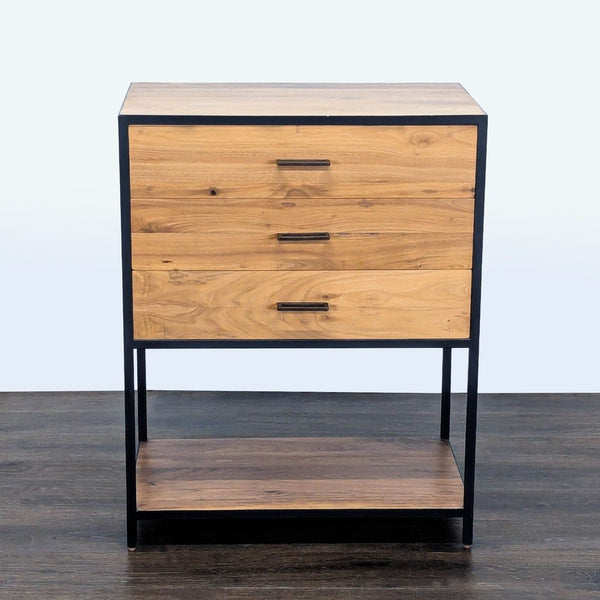 Solid walnut sideboard with three stacked drawers, open bottom shelf, and a sleek black iron frame.