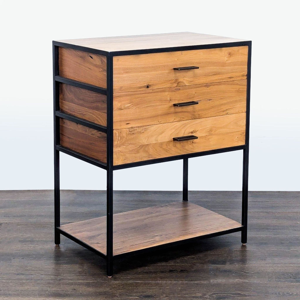 Modern iron-frame sideboard with three walnut drawers, spacious lower shelf, and architectural design details.