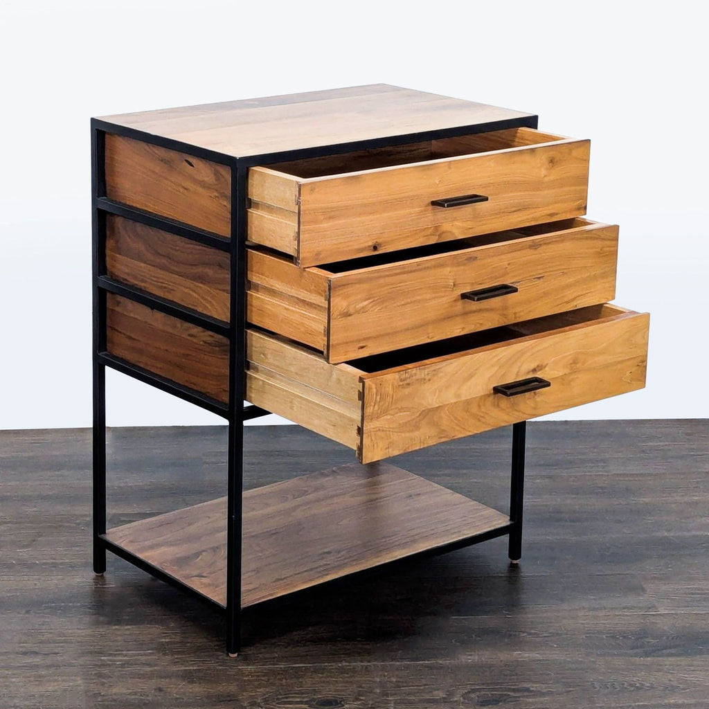 Contemporary credenza by Crate & Barrel featuring walnut drawers, open shelving, and oil-rubbed bronze hardware.