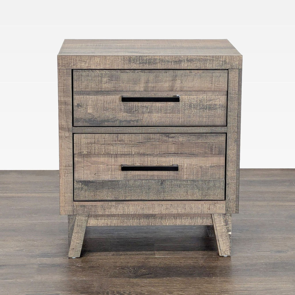 1. Crown Mark end table with two drawers, wooden finish, and modern black handles, front view.