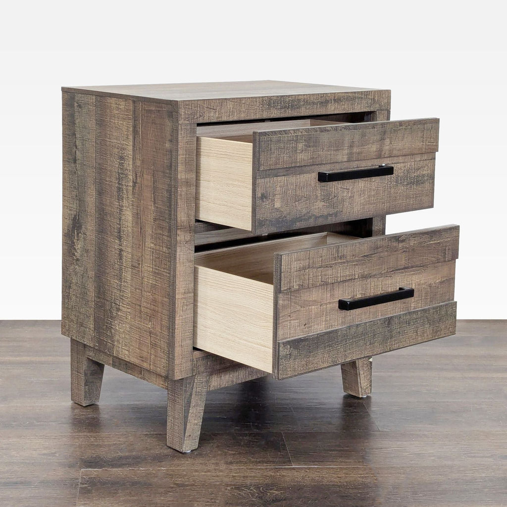 2. Side view of Crown Mark end table showing both drawers open, rustic wood appearance.