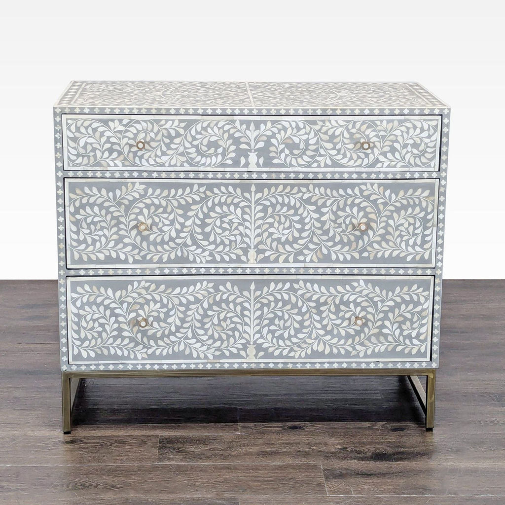 Handcrafted Bone Inlay Dresser with Floral Pattern and 3 Drawers