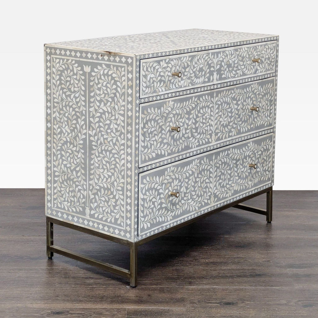Handcrafted Bone Inlay Dresser with Floral Pattern and 3 Drawers