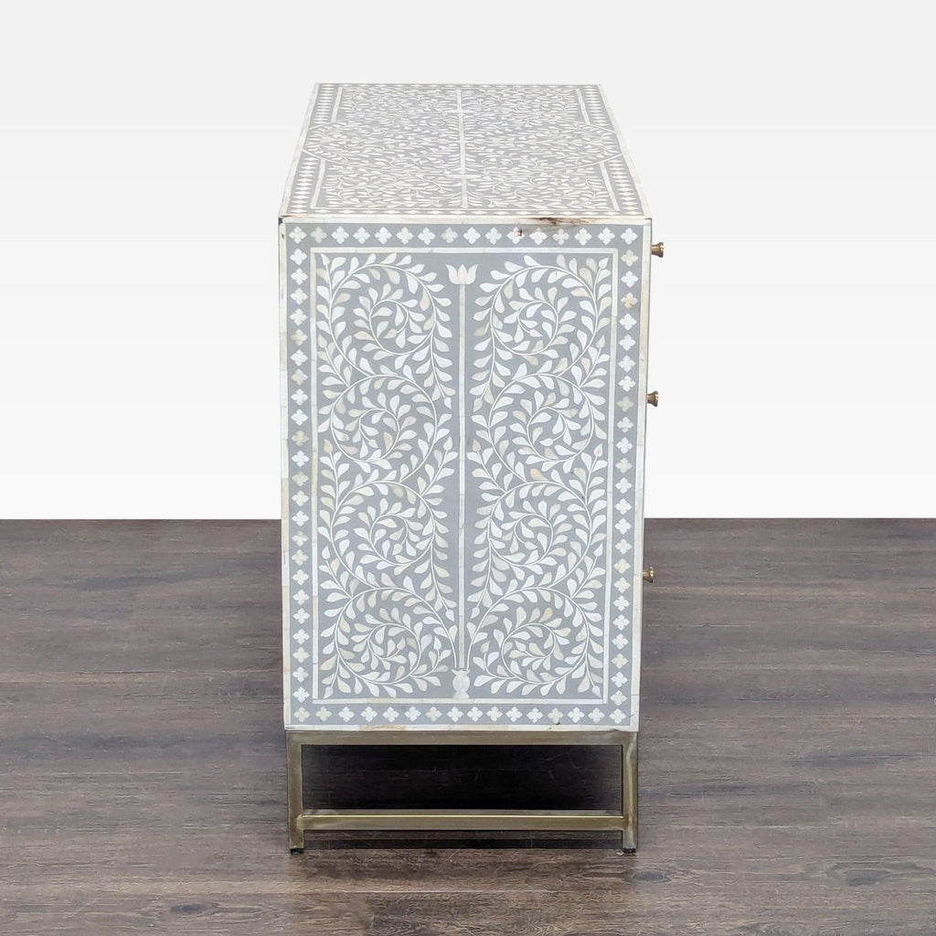 Handcrafted Bone Inlay Dresser with Floral Pattern and 3 Drawers