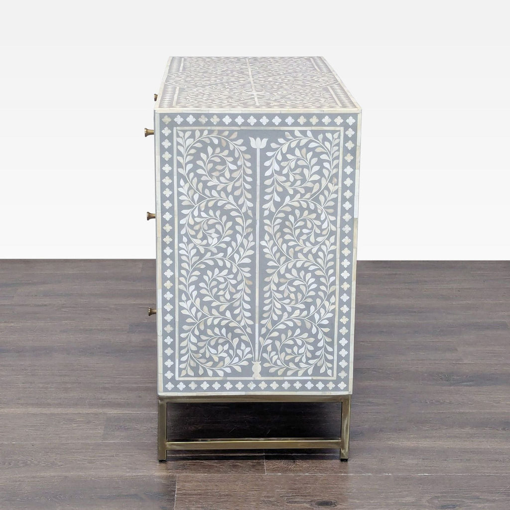 Handcrafted Bone Inlay Dresser with Floral Pattern and 3 Drawers