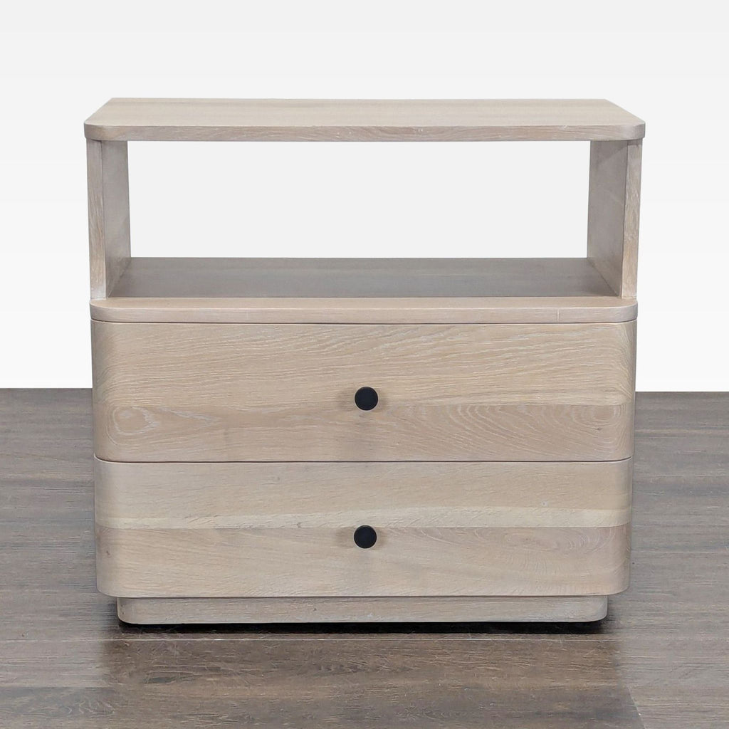 1. Light wood end table with two drawers and an open shelf, featuring black round knobs, on hardwood floor.