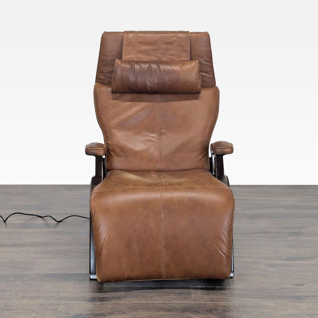 Brown leather Human Touch electric lounge chair with wood frame, ideal for relaxing in living spaces.