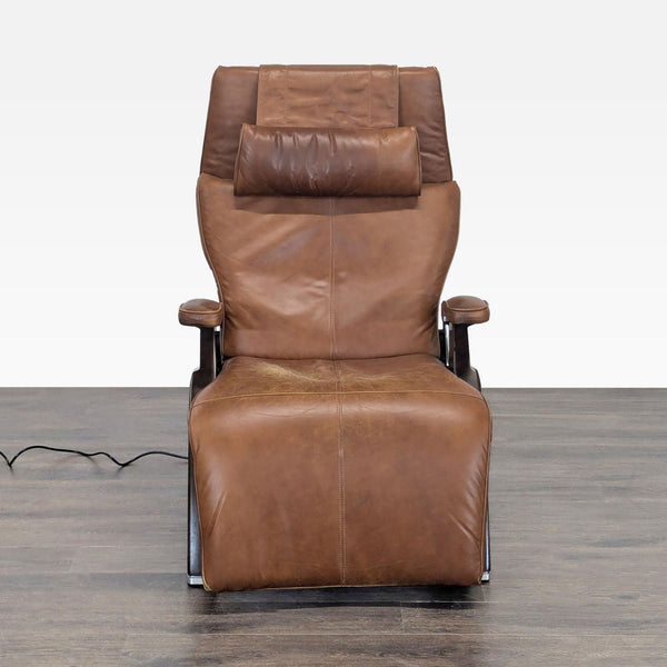 Brown leather Human Touch electric lounge chair with wood frame, ideal for relaxing in living spaces.