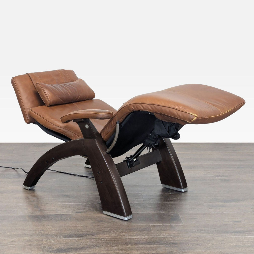 Human Touch lounge recliner in soft brown leather and sturdy wood, perfect for home comfort and style.