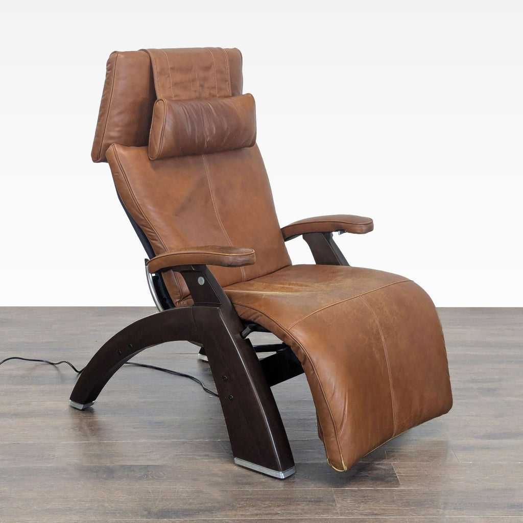 Electric recliner by Human Touch, featuring brown leather upholstery and wood base for supportive lounging.