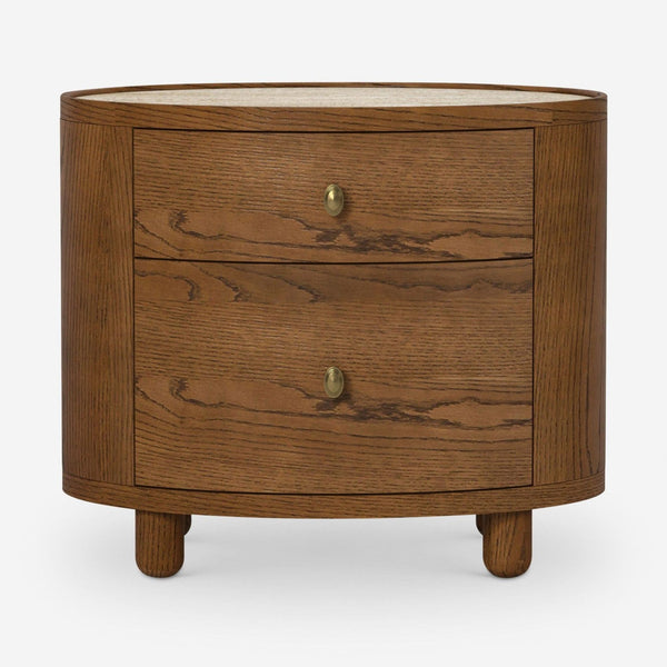 Oval brown oak side table with stone top, bun feet, and round pulls by Lulu and Georgia.