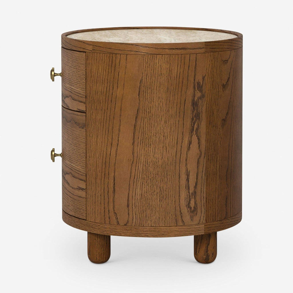 Modern console table with a stone tabletop, bun feet, and brown oak finish, designed by Button Atelier & co.
