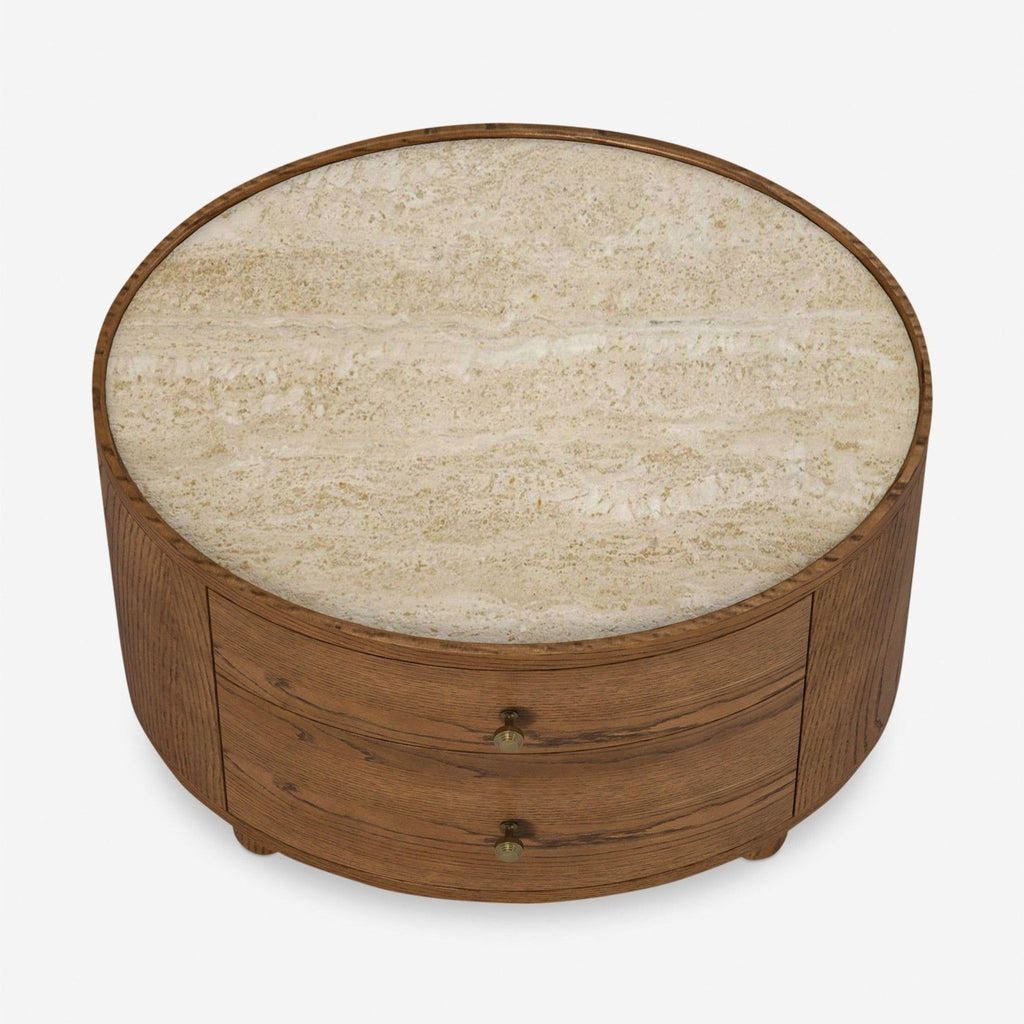 Sleek side table featuring an oval case, round pulls, and a stone top in a brown oak finish.